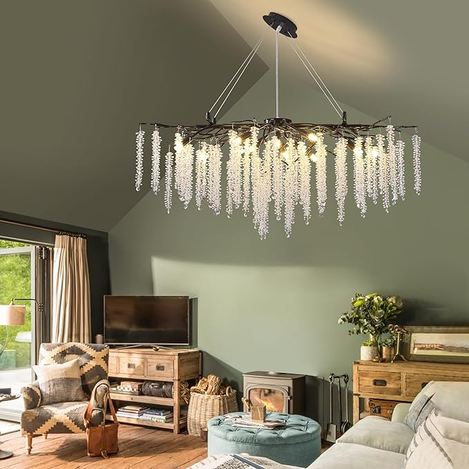 Tree Branch Chandelier L39.5 Inch Black Luxury Rectangular Crystal Raindrop Pendant Light 12 Lights Kitchen Island Hanging Light Fixture for Living Room Dining Room Foyer Entryway