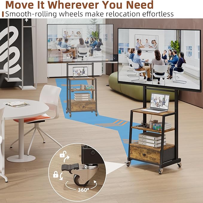 Rolling TV Stand with Wheels and Mount & Fabric Drawer for 32-75" TV - Entertainment Center with Power Outlet and Small TV Stand for Bedroom, Living Room - 18" Rustic Brown (VESA 600mm × 400mm)