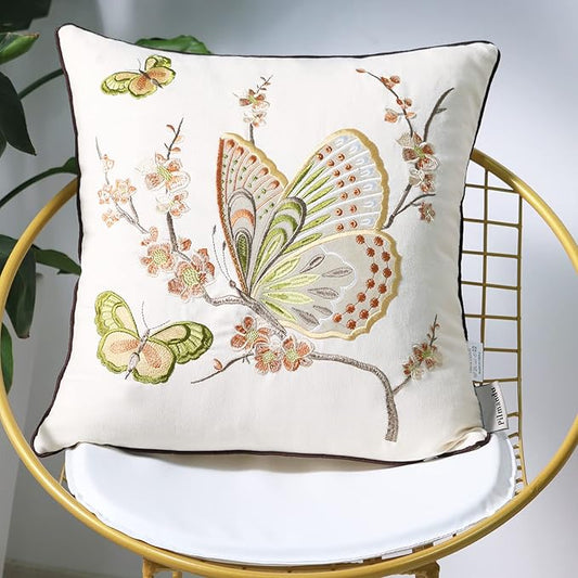 Set of 2 Embroidered Decorative Throw Pillow Covers Couch Square Pillowcases Cushion for Bedroom Sofa Farmhouse Decor 18x18 Inch (Brown Butterfly)