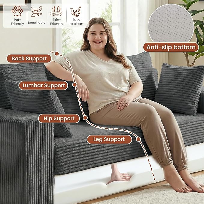 Convertible Sofa Bed, 5 in 1 Small Boneless Couch Pull Out Loveseat Sleeper Sofa,Corduroy Futon Couch Folding Mattress with 4 Pillows for Living Room (Gray, 3 Seater)