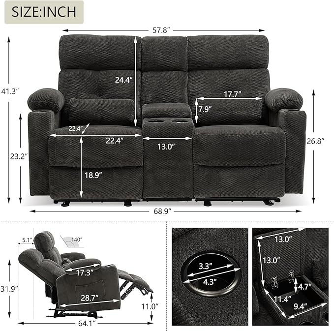 Power Reclining Loveseat with Console, Power Loveseat Recliner Sofa with Heat and Massage, Extended Footrest, Wall Hugger RV Reclining Couch with Cup Holders, Lumbar Support for Living Room