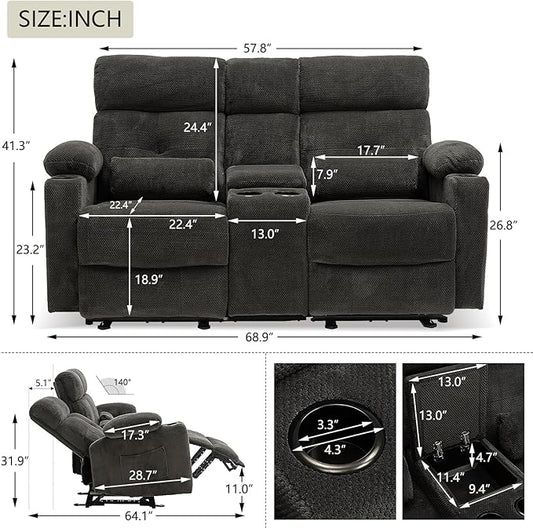 Power Reclining Loveseat with Console, Power Loveseat Recliner Sofa with Heat and Massage, Extended Footrest, Wall Hugger RV Reclining Couch with Cup Holders, Lumbar Support for Living Room
