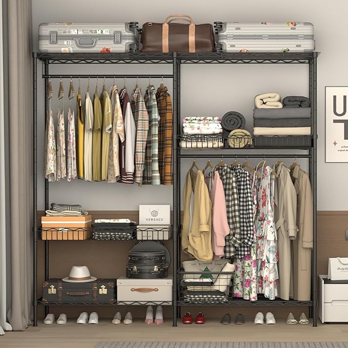 70 inch Heavy Duty Portable Closet Rack with Baskets, Steel Armoire Closet System, Clothing Organizer for Bedroom