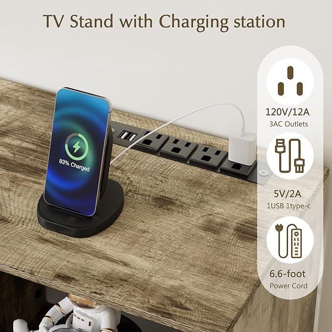 VECELO LED TV Stand for 55 inch, Entertainment Center with Power Outlets, Industrial Television Cabinet with 7 Open Storage Shelves, for Living Room and Bedroom, Light Brown, 55inch