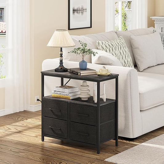 TUTOTAK Large Night Stand with Charging Station, Nightstand with USB and Type-C Port, Bedside Table with Cloth Drawers, End Table for Livingroom, Bedroom, Charcoal Grey TB01BY081