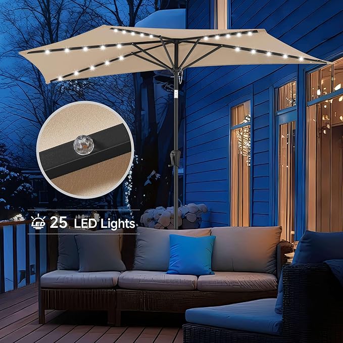 9FT Solar Half Umbrellas Outdoor - LED Half Patio Umbrella with 25 Lights, UV Protection Waterprool, Half Round Umbrella for Wall Balcony, Pool, Porch, Garden, Deck, Backyard, Beige