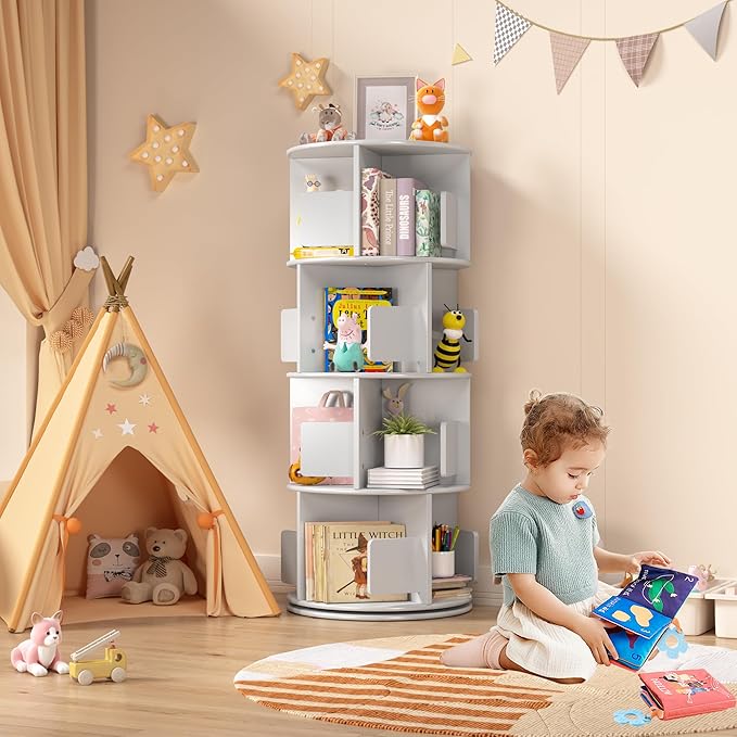 4-Tier Rotating Bookshelf Tower White, Wooden Spinning Bookshelves 360° Rotation Display, Revolving Bookcase Storage Round Carousel, Corner Free Standing Shelf for Kids Book and Toy Storage.