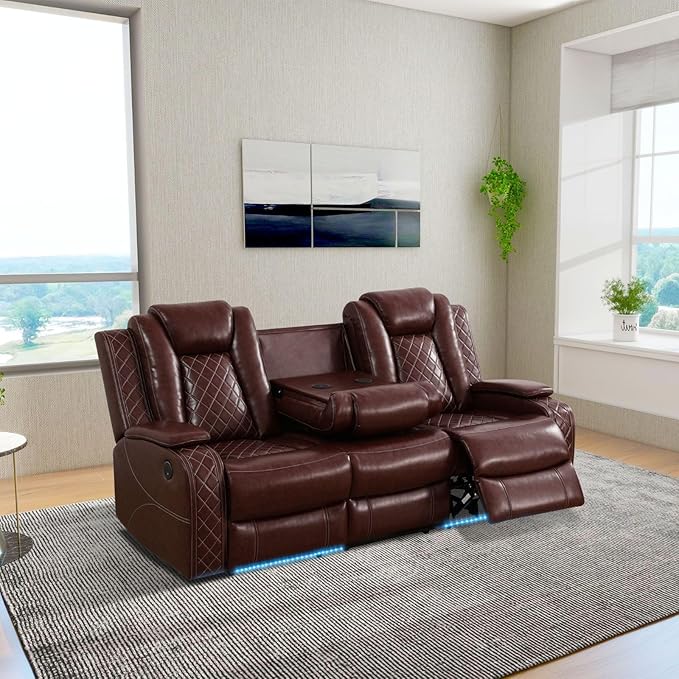 Power Recliner Sectional Couch with LED, Leather Reclining Sofa for Living Room, Muti-Functional Recliner Corner Sofa with Storage Console/Cup Holders/USB Ports (Dark Red, 3 Pieces)