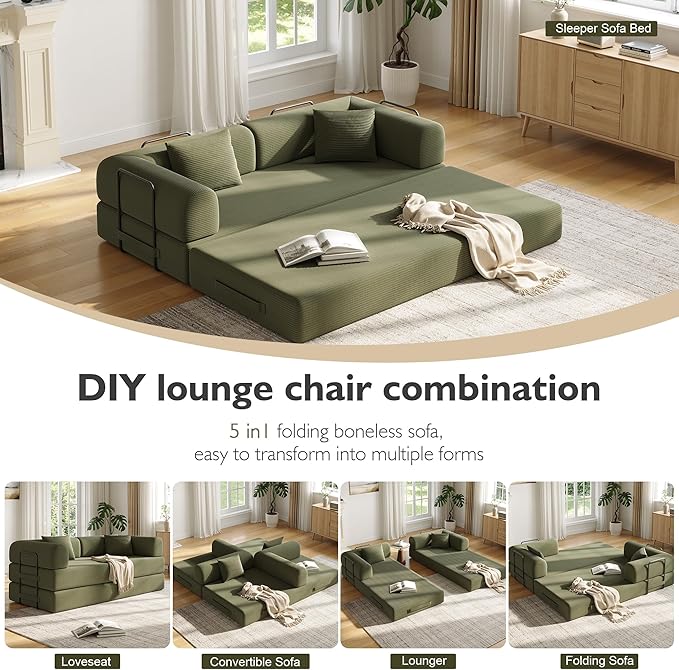 79in Convertible Sofa Bed, Corduroy Boneless Couch Bed, Futon Sleeper Sofa Pull Out Bed, Foldable Couch for Living Room Apartment, No Assembly Required