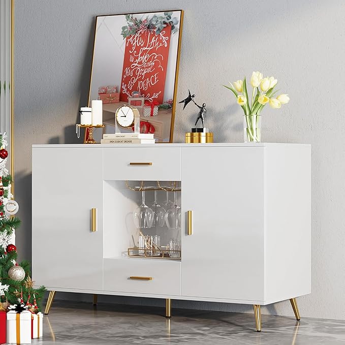 YITAHOME Sideboard Buffet, Buffet Cabinet Storage Credenza w/Adjustable Shelf, Wine Glass Holder, Drawers, Modern White & Gold Dresser 300 lbs Capacity for Living Room, Kitchen, Dining Room