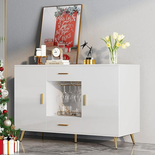 YITAHOME Sideboard Buffet, Buffet Cabinet Storage Credenza w/Adjustable Shelf, Wine Glass Holder, Drawers, Modern White & Gold Dresser 300 lbs Capacity for Living Room, Kitchen, Dining Room
