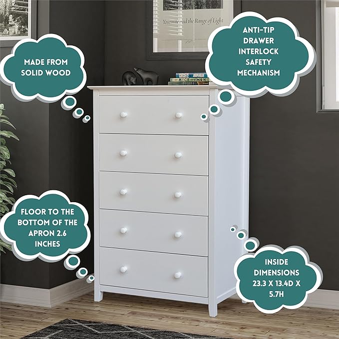 International Concepts Solid Wood Bedroom Dresser/Chest with 5 Drawers in White
