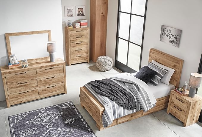Signature Design by Ashley Hyanna Rustic Contemporary 2 Drawer Nightstand with 2 USB Charging Ports, Wood, 24.37" High, Light Golden Brown Finish