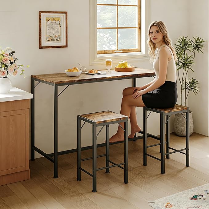 Homeiju Bar Table and Chairs Set, Bar Table with 2 Stools, Space-Saving Dining Pub Set for 2, Perfect for Kitchen, Breakfast Nook, Living Room & Small Spaces (Rustic Brown)