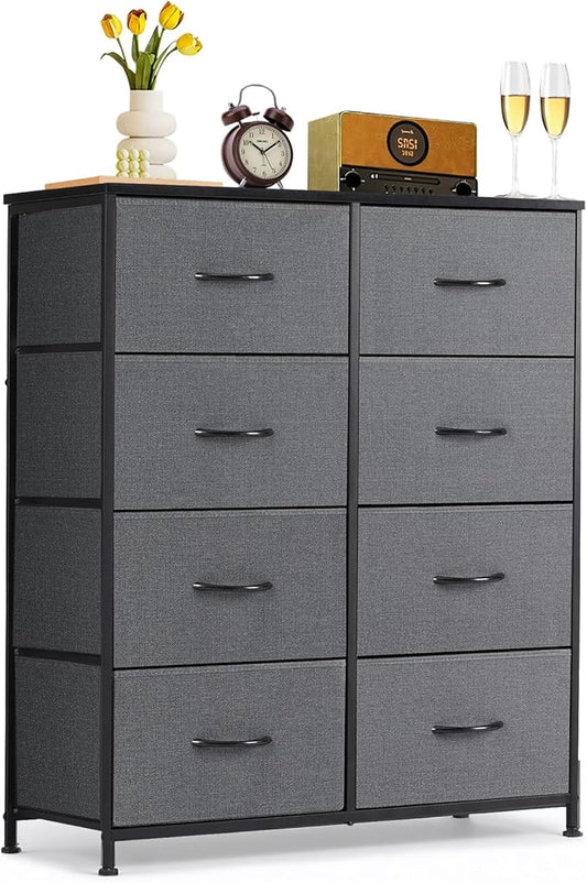 8-Drawer Dresser for Bedroom, Anti-Tip Tall Storage Organizer Chest of Drawers with Wooden Top and Metal Frame Fabric Bins for Closet, Living Room, Hallway, Entryway, Gray