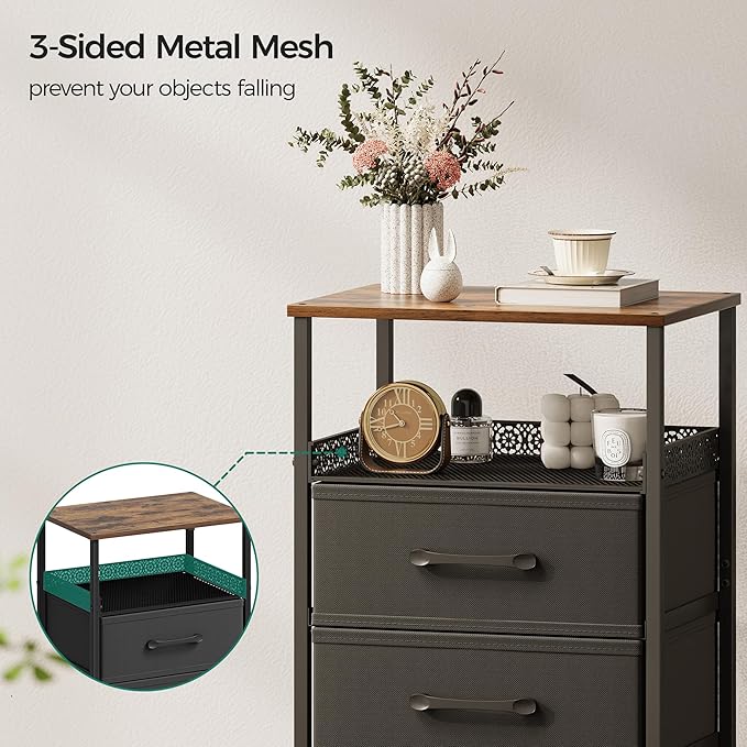 Nightstand Set of 2, Night Stands with 3 Fabirc Drawers, 26.4 Inch Tall Bedside Table with Metal Shelf, Modern Side End Table Storage Furniture, Small Dresser for Bedroom, Rustic Brown