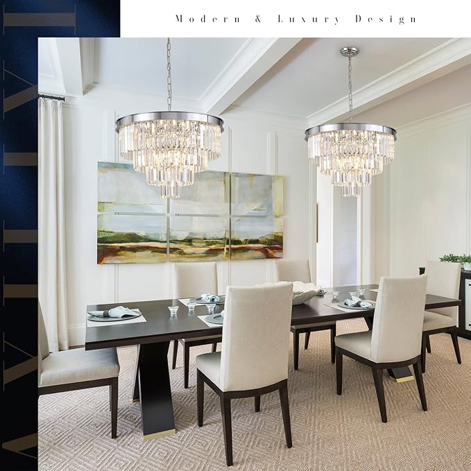 Chrome Crystal Chandelier 24” Modern Chandelier for Dining Room Round Ceiling Pendant Light Fixture 4 Tiers 12 Lights Luxury Large Chandelier for Entryway Living Room Bedroom
