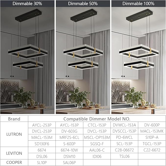 Modern LED Chandelier with Remote Control 2 Ring Dimmable 3 Color Black Gold Adjustable Pendant Light Square Chandelier Dining Light Fixture for Kitchen Bedroom Ceiling Hanging