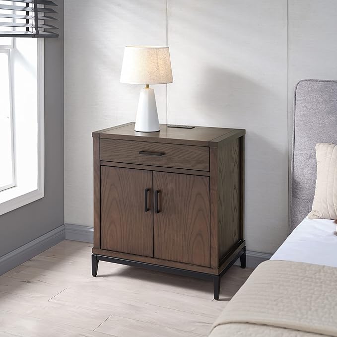 Leick Home Julien Nightstand Side Table One Drawer and Lower Cabinet Traditional – Fast Charging Station – Durable Solid Wood – Living Room, Bedroom, Office, Coffee Bean with Matte Black, 9079-GRMB