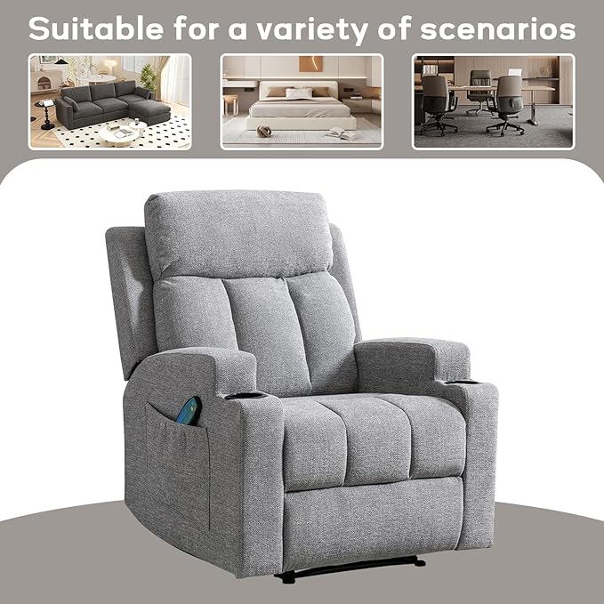 CANMOV Manual Massage Heat Recliner Chair Set of 3,Soft Fabric Recliner Chair with Overstuffed Arm and Back, Manual Reclining Single Sofa with 2 Cup Holders, Side Pocket for Living Room,Grey