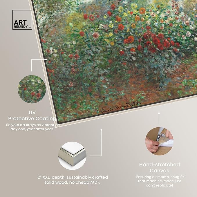 Art Remedy Monet-Garden With Dahlias Impressionism Classic Landscape Paintings Canvas Wall Art, Silver Floater Frame, 16"x24"