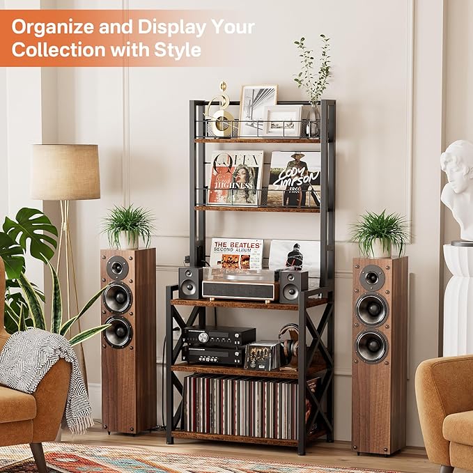 Record Player Stand with Power Outlet, 5-Tier Vinyl Record Storage Rack with Turntable Stand, LP Album Organizer & Display Rack, Media Storage Cabinet for Living Room Bedroom Music Corner