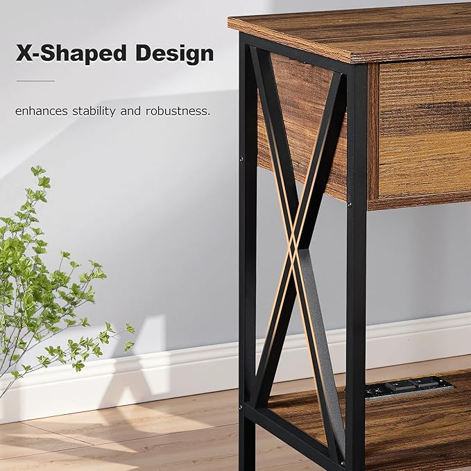 VECELO Nightstand, Bedside End Tables with Charging Station, USB Ports, Drawer Shelf, Night Stand for Bedroom Living Room 2-Pack, Brown