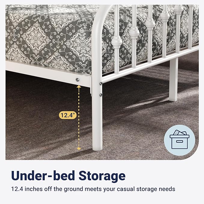 Allewie King Size Metal Platform Bed Frame with Vintage Headboard and Footboard, No Box Spring Needed, Easy Assembly, White