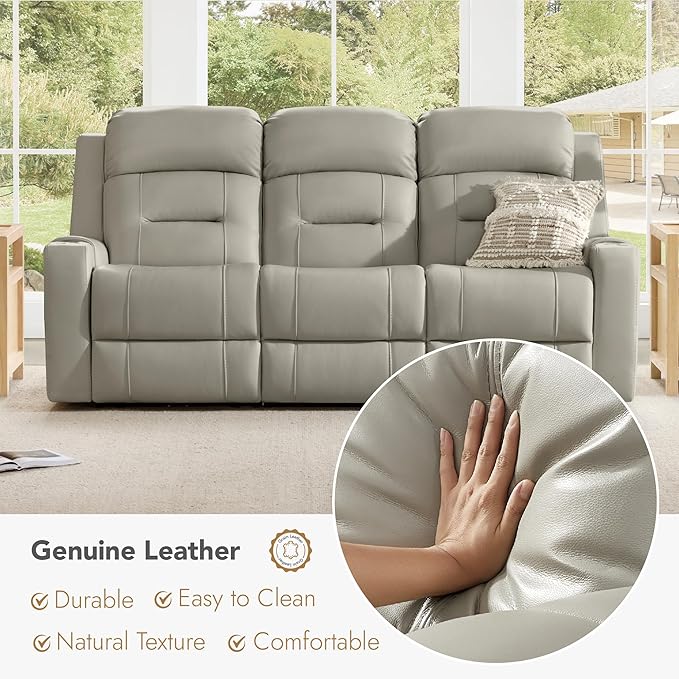 Watson & Whitely Genuine Leather Power Reclining Sofa, 3-Seater Lay Flat Recliner Sofa with Power Headrest, Cup Holders, USB & Type-C Ports, Electric Reclining Couch for Living Room, Grey