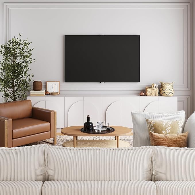 Nathan James Iris Mid-Century Modern Credenza, White TV Stand, Living Room Wood Storage Cabinet with Arched Cabinet Doors, Set of 4