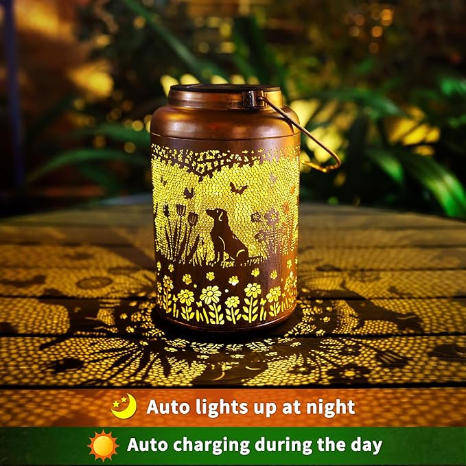 2Pack Dog Solar Lanterns Outdoor Waterproof Garden Decor Solar Lights Birthday Gifts for Women Mom Grandma Hanging Lantern LED Light Metal Dog Decoration Outside for Yard,Lawn,Porch,Patio,Tabletop