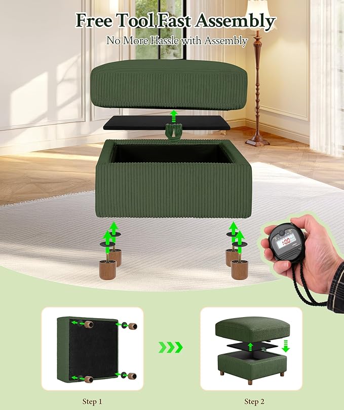 Welzona 25.2" Couches for Living Room, Comfy Green Ottoman with Storage, Foot Rest Tool-Free Setup, Small Ottoman Foot Rest for Couch, Corduroy Couch for Bedroom, Apartment, Office