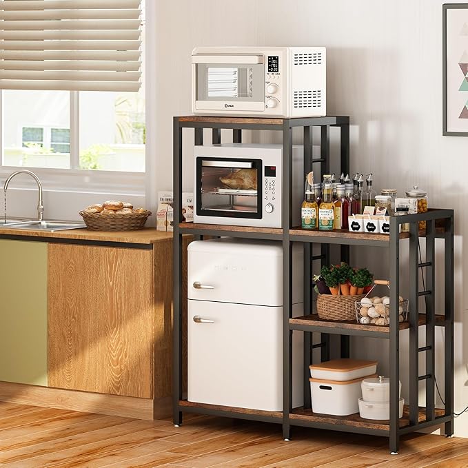 6-Tier Adjustable Mini Fridge Cabinet with Power Outlet,Kitchen Bakers Rack with Storage,Mini Fridge and Microwave Stand,Coffee Bar, Free Standing Shelf for Kitchen, Home Office,Rustic Brown