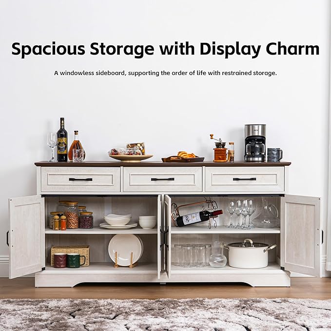 Large Buffet Sideboard Cabinet, 66 inch, 4 Doors and 3 Drawers, 65.8 x 15.8 x 31.9 inches (Wood Door, White Walnut Grain)