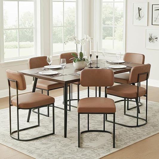 Dining Chairs Set of 6, Upholstered Modern Kitchen Chairs with Ergonomic Backrest, Faux Leather Cushion Seat & Metal Legs for Living Room, Restaurant, and Café, Brown, 2 Boxs