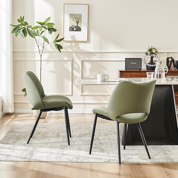 Rowill Olive Green Dining Chairs Set of 2, Upholstered Dining Room Chairs with Hollow Back, Faux Leather Kitchen Chairs for Dining, Mid Century Modern Dining Chair with Curved Seat