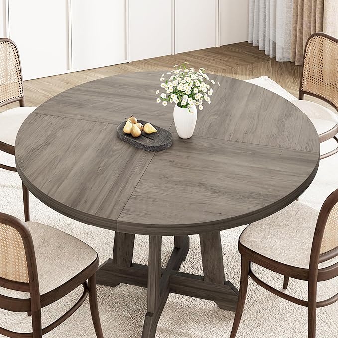 IDEALHOUSE Round Dining Table for 4, 47 Inches Dining Room Table with Wooden Base, Kitchen Table with Circle Tabletop, Dinner Table for Dining Room, Kitchen, Living Room, Grey