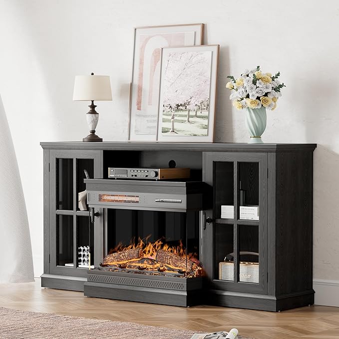 YESHOMY Glass Fireplace TV Stand for Televisions up to 65", Media Entertainment Center Console Table with Doors Closed Storage, Black