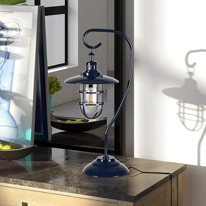 Henn&Hart 22" Nautical 1-Light Table Lamp with Clear Metal and Glass Globe Shade for Living Room, Bedroom, or Office, Dark Blue