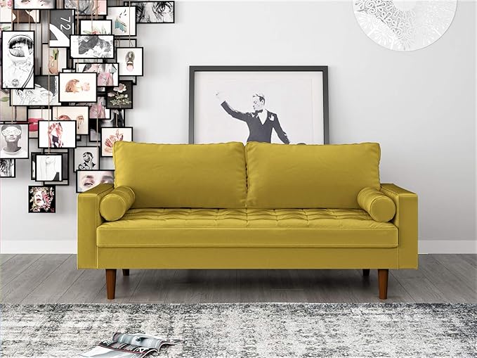 Container Furniture Direct Womble Modern Velvet Upholstered Living Room Diamond Tufted Chesterfield with Gleaming Nailheads, Loveseat, Sofa, Textured Gold