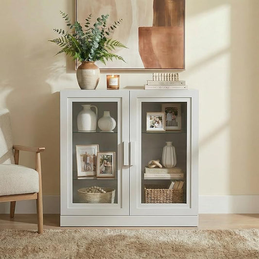 Casaphoria Adam Sideboard Buffet Cabinet with Storage, Display Cabinet with Glass Doors & Adjustable Shelves, 31" W x 36" H Buffet Cabinet for Entryway Kitchen Living Room, White