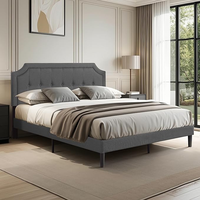 VECELO Full Upholstered Platform Bed Frame with Adjustable Button Stitched Panel Headboard,Strong Wood Slat Support,Velcro Design,Mattress Foundation/Easy Assembly,Grey