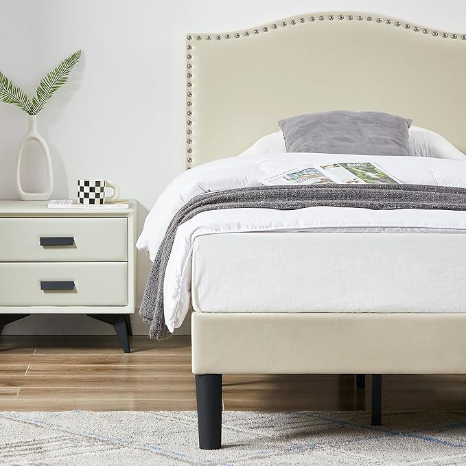 VECELO Twin Bed Frame Platform Bed Frame with Upholstered Headboard, Strong Frame and Wooden Slats Support, Strong Weight Capacity, Non-Slip and Noise-Free, Easy Assembly,Beige