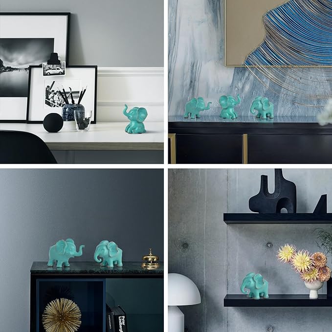 Loving Small Elephant Decor Statues, 3 Pcs Green Cute Elephant Figurines, Elephant Sculpture Decorative Objects for Bookshelf Home Decor