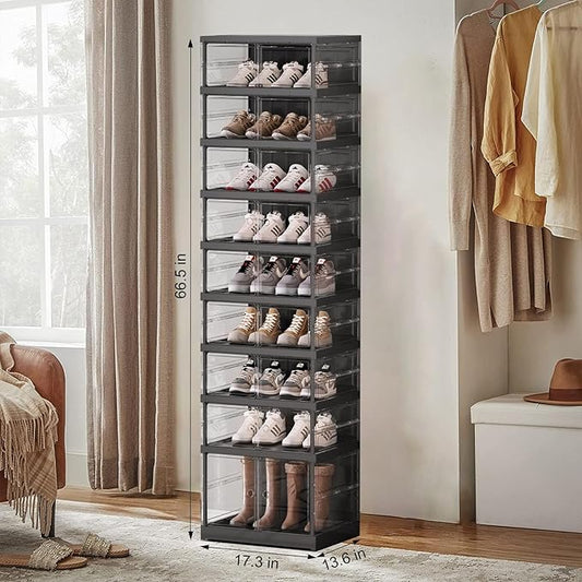 ELPHECO 9 Tier 18 Pairs Foldable Shoe Rack - Clear Shoe Rack Organizer, Folding Entryway Shoe Cabinet, Collapsible Sneaker with Magnetic Doors, Stackable Shoe Shelf,Three-Sided Clear Shoe Box, Black