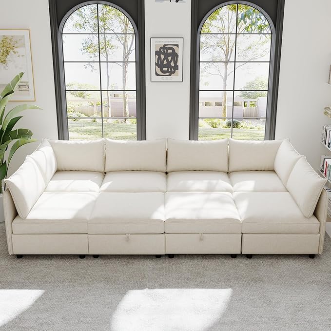 129-Inch Oversized 8 Seat Modular Cloud Sofa Deep Seat Storage Sectional Sofa Couch Free Combination W/Movable Ottomans,L/U Shaped Chenille Upholstered Convertible Sleeper Couch for Home Apartment | Space Saving