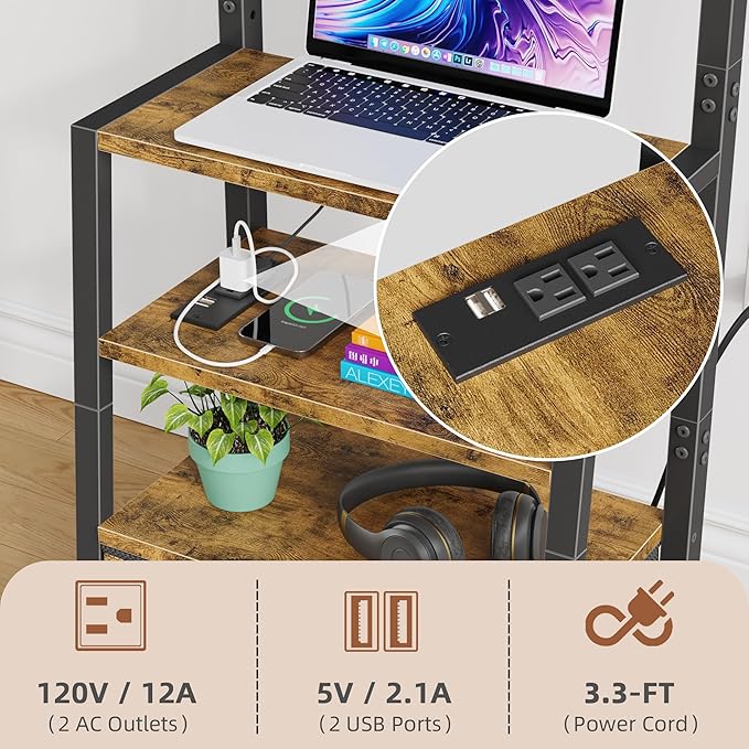 Rolling TV Stand with Wheels and Mount & Fabric Drawer - Entertainment Center with Power Outlet and Small TV Stand for Bedroom, Living Room - 15" Rustic Brown