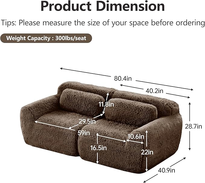 80.4-Inch Boneless Love Seat Couches in a Box, Modern 2 Seat Floor Modular Foam Cloud Sofa Faux Fur Loveseat Couch W/Angle Armrests for Home Apartments Bedroom