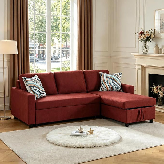 Pull Out Couch, L Shaped Sectional Couch with Pull Out Bed, Convertible Sofa Bed with Storage Chaise, Queen Size Sleeper Sofa, Sofa Bed Couch, Sleeper Sofa with Storage, Red