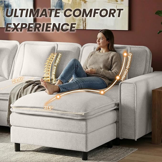 MALOL Modular Sectional Sofa 107", Comfy Cloud Couch with Ottoman, Deep 4-Seat L Shaped Modular Sofa, Couches with Throw Pillows for Living Room, Beige